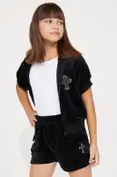 Mini Let's Cross Path Velour Hoodie And Cargo Short Set(Black,4/5)