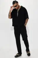 Solid Textured Linen Button Up Shirt(Black,S)