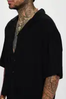 Solid Textured Linen Button Up Shirt(Black,S)