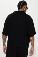 Solid Textured Linen Button Up Shirt(Black,S)