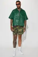 High Stepper Faux Leather Button Up Shirt(Hunter,S)