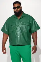High Stepper Faux Leather Button Up Shirt(Hunter,S)