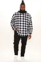 Good Luck Hooded Plaid Flannel Shirt(White/Black,S)