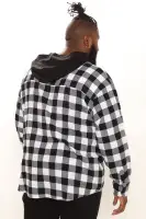 Good Luck Hooded Plaid Flannel Shirt(White/Black,S)