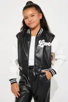 Mini Faux Leather Varsity Love Jacket With Rib Heart Tee And Straight Pant Set(Black/White,7)