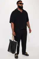 Solid Textured Linen Button Up Shirt(Black,S)