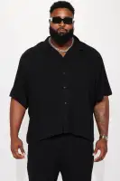 Solid Textured Linen Button Up Shirt(Black,S)