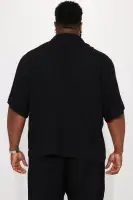 Solid Textured Linen Button Up Shirt(Black,S)