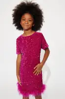 Mini Christy Sequin Feather Trim T-Shirt Mini Dress(Pink,7)