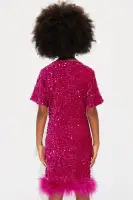 Mini Christy Sequin Feather Trim T-Shirt Mini Dress(Pink,7)