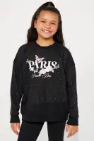 Mini Paris Oversized Crew & Fleece Flare Pant Set(Black,7/8)