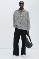 Oversized Island Textured Button Up Shirt(Black/combo,S)