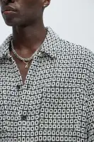 Oversized Island Textured Button Up Shirt(Black/combo,S)