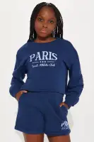 Mini Paris Crop Top Fleece Matching Short Set(Blue,4/5)