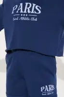 Mini Paris Crop Top Fleece Matching Short Set(Blue,4/5)