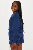 Mini Paris Crop Top Fleece Matching Short Set(Blue,4/5)