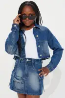 Mini She's Going Places Cropped Denim Jacket And Skirt Set