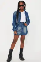 Mini She's Going Places Cropped Denim Jacket And Skirt Set(Dark Wash,4)