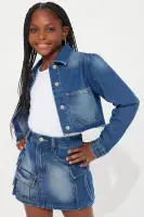 Mini She's Going Places Cropped Denim Jacket And Skirt Set(Dark Wash,4)