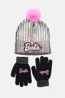 Mini Barbie Girl Metallic Pom Pom Beanie And Glove Set(Silver,OS)