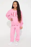Mini Self Love French Terry Crew Pant Set(Pink,XS)