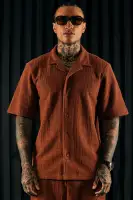 Dean Textured Short Sleeve Button Up Shirt(Chocolate,S)