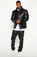 High Collar Gloss Puffer Jacket(Black,S)