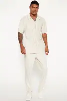 Wavy Textured Short Sleeve Cuban Shirt(Off White,S)