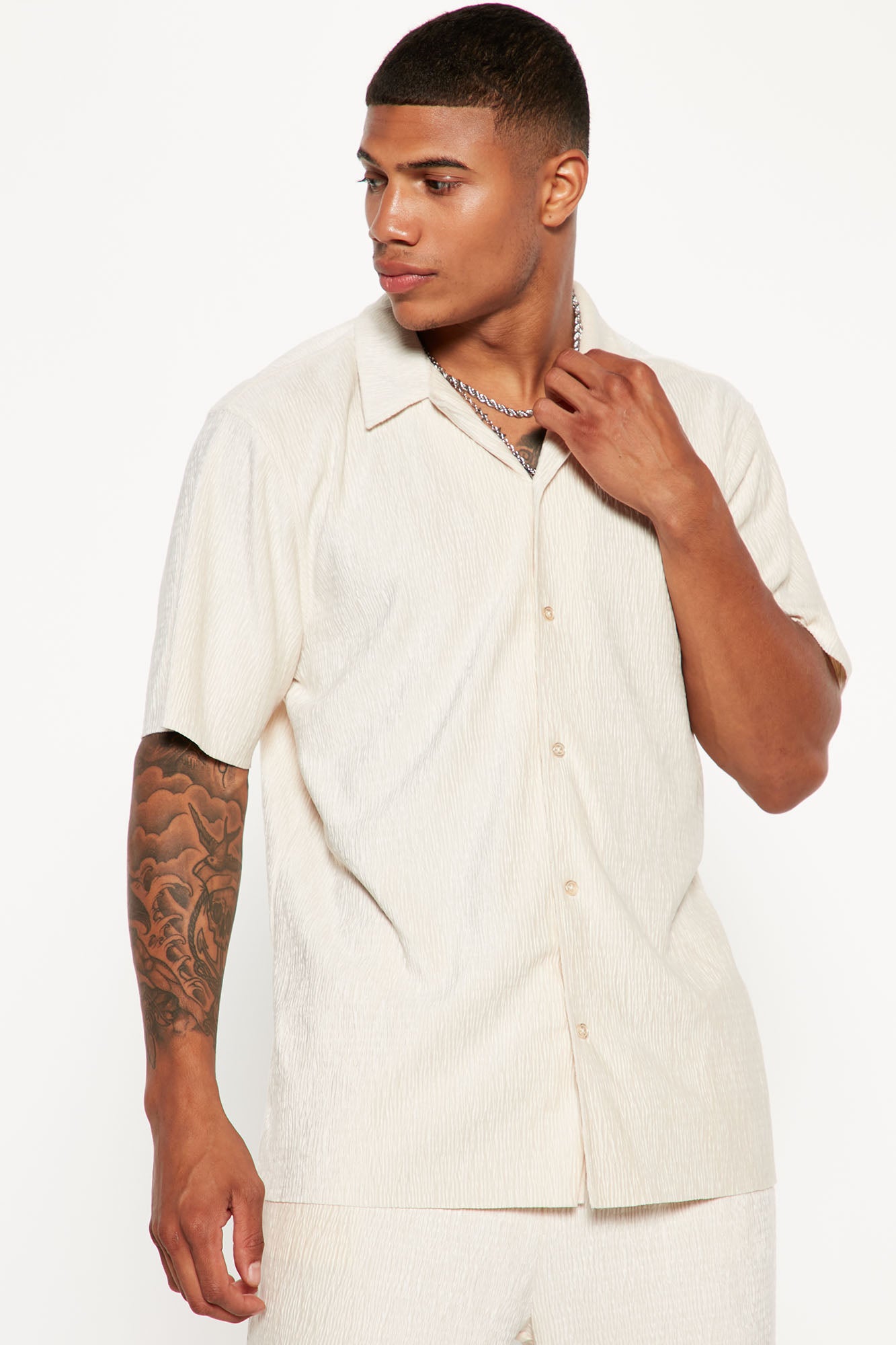 Wavy Textured Short Sleeve Cuban Shirt
