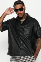 Utility Faux Leather Short Sleeve Button Up Shirt(Black,S)