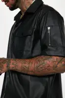 Utility Faux Leather Short Sleeve Button Up Shirt(Black,S)
