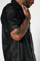 Utility Faux Leather Short Sleeve Button Up Shirt(Black,S)