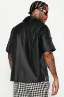 Utility Faux Leather Short Sleeve Button Up Shirt(Black,S)