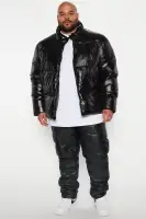 High Collar Gloss Puffer Jacket(Black,S)