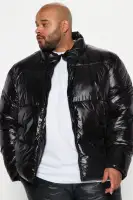 High Collar Gloss Puffer Jacket(Black,S)