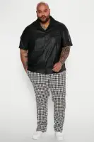 Utility Faux Leather Short Sleeve Button Up Shirt(Black,S)