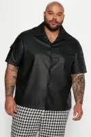 Utility Faux Leather Short Sleeve Button Up Shirt(Black,S)