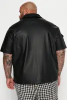 Utility Faux Leather Short Sleeve Button Up Shirt(Black,S)
