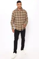Three Line Long Sleeve Flannel Shirt(Khaki/combo,S)