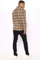 Three Line Long Sleeve Flannel Shirt(Khaki/combo,S)