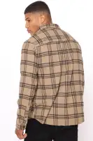 Three Line Long Sleeve Flannel Shirt(Khaki/combo,S)