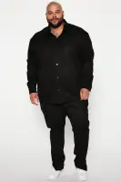 Dre Faux Suede Long Sleeve Button Up Shirt(Black,S)