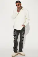 Dean Textured Long Sleeve Button Up Shirt(Cream,S)