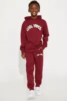Mini Cool Vibes Fleece Hoodie & Jogger Pant Matching Set(Burgundy,4)
