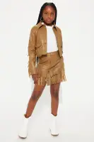 Mini Logan Faux Leather Fringe Skirt Set(Brown,4/5)