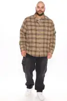 Three Line Long Sleeve Flannel Shirt(Khaki/combo,S)
