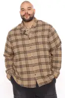 Three Line Long Sleeve Flannel Shirt(Khaki/combo,S)