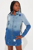 Mini That Girl's A Star Denim Shirt Dress(Medium Wash,4/5)