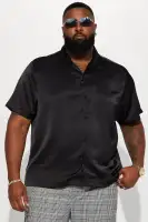 Links Satin Short Sleeve Button Up Shirt(Black,S)