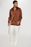 Links Satin Long Sleeve Button Up Shirt(Chocolate,S)